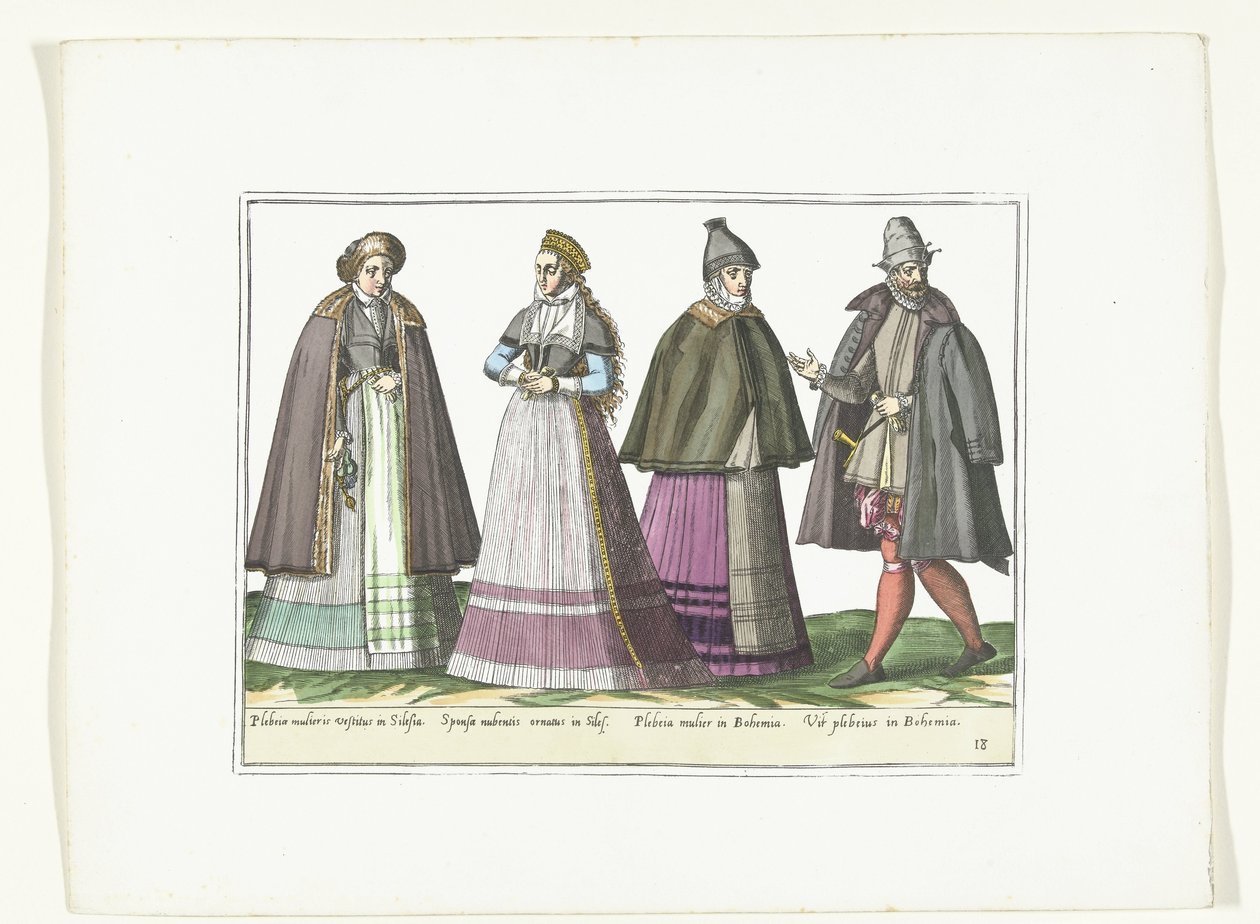 三女一男，按照德国流行时尚着装，约 1580 年
德国服装（物品上有标题） 作者 无名氏