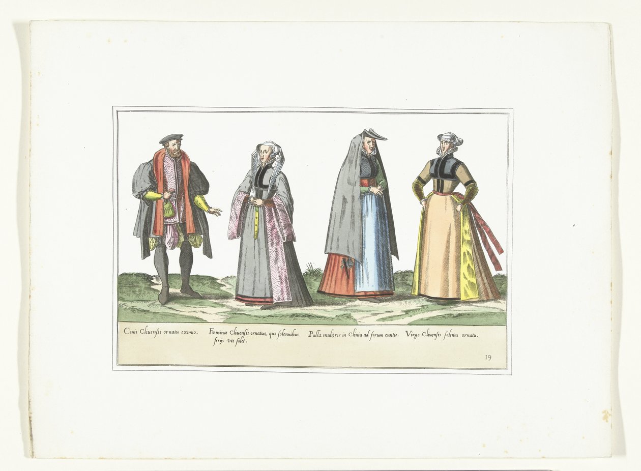 三女一男，按照德国流行时尚着装，约 1580 年
德国服装（物品上有标题） 作者 无名氏