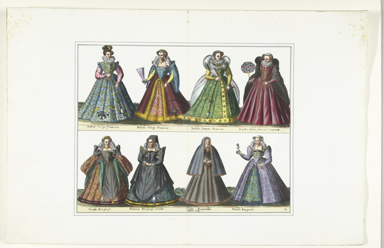 根据法国时尚设计的八位女性服饰双盘，约 1580 年
法国服装（物品上的标题） 作者 无名氏