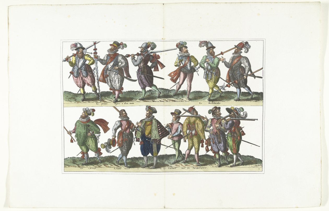 展示十三位身着安特卫普时尚制服的武装市民的双面版画，约 1580 年
Bourgeois d