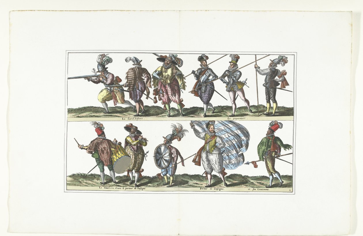 双面版画，展示了十一位身着安特卫普时尚制服的武装市民，约 1580 年
Bourgeois d