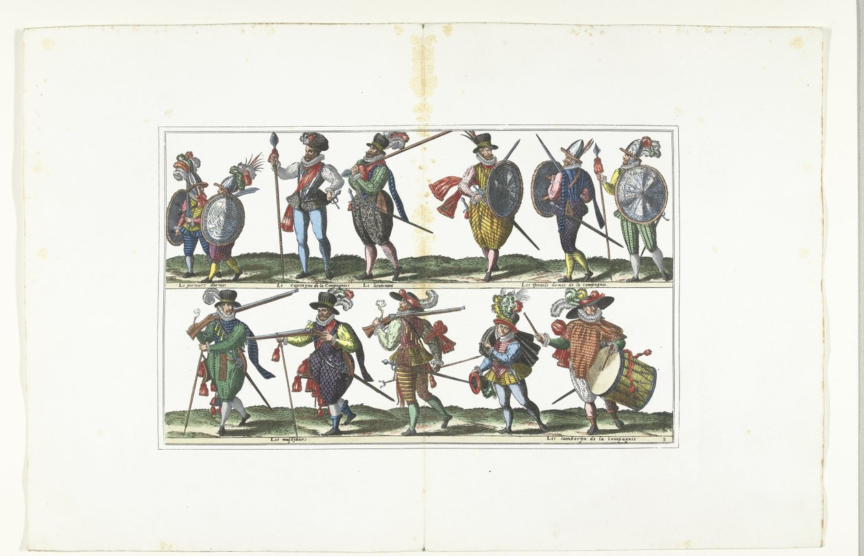 展示十二名身着安特卫普时尚制服的武装市民的双版画，约 1580 年
Bourgeois d