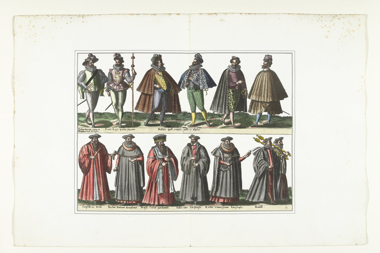 展示十二名男子按法国时尚着装的双面版画，约 1580 年
法国服装（标题在实物上） 作者 无名氏