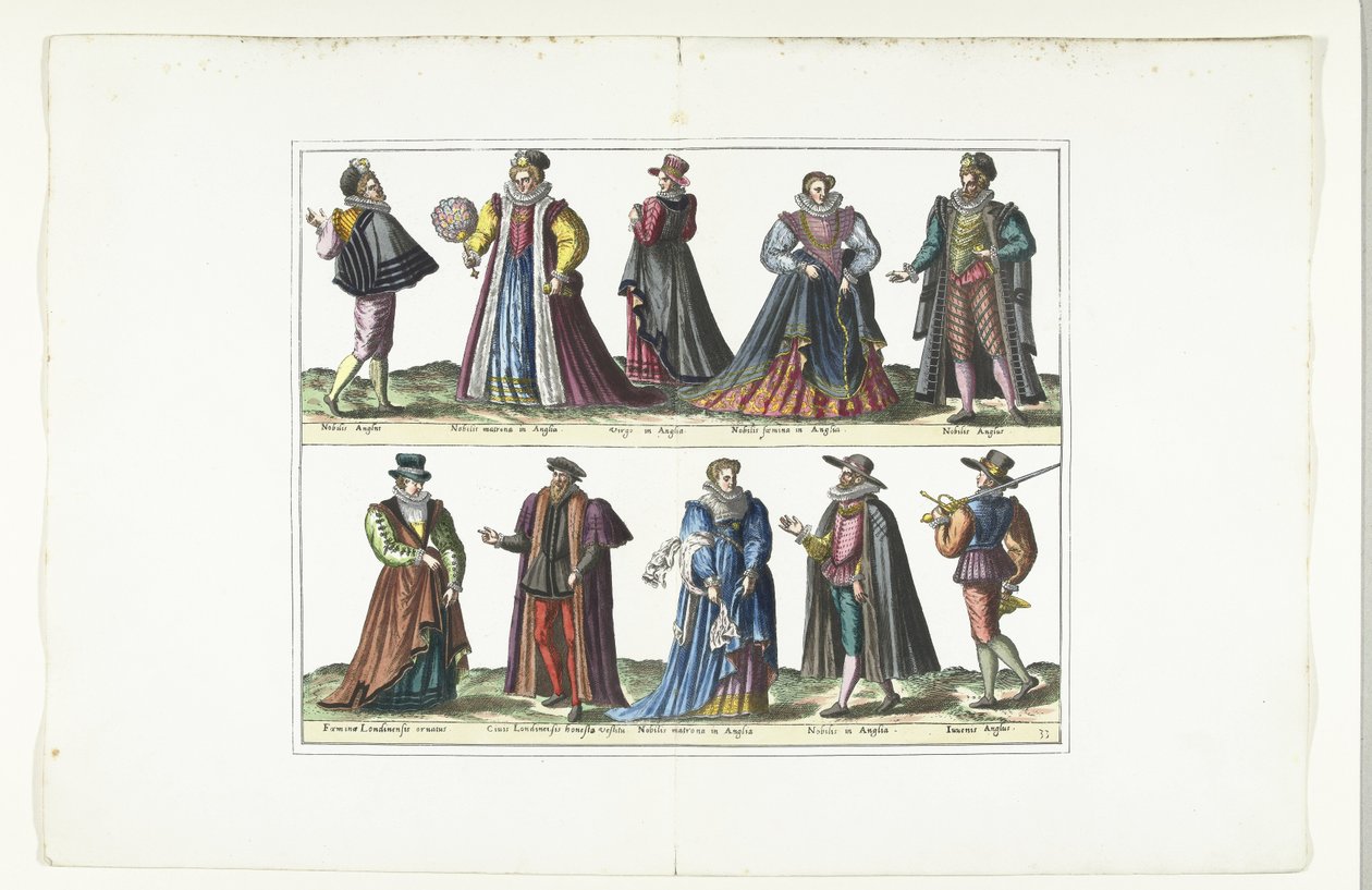 展示五男五女英国时尚着装的双版画，约 1580 年
Anglais 服装（物品上的标题） 作者 无名氏