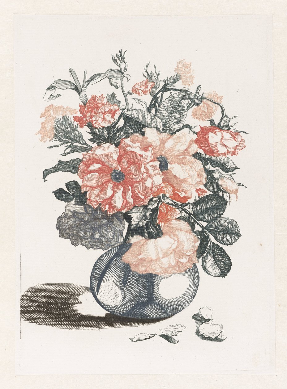 玻璃花瓶中的五幅鲜花版画
玻璃花瓶中的花朵和花瓣 作者 无名氏