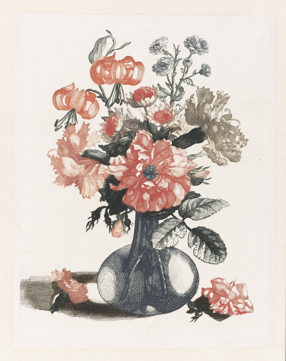 玻璃花瓶中的五幅鲜花版画
玻璃花瓶中的花朵，一朵在左，一朵在右 作者 无名氏