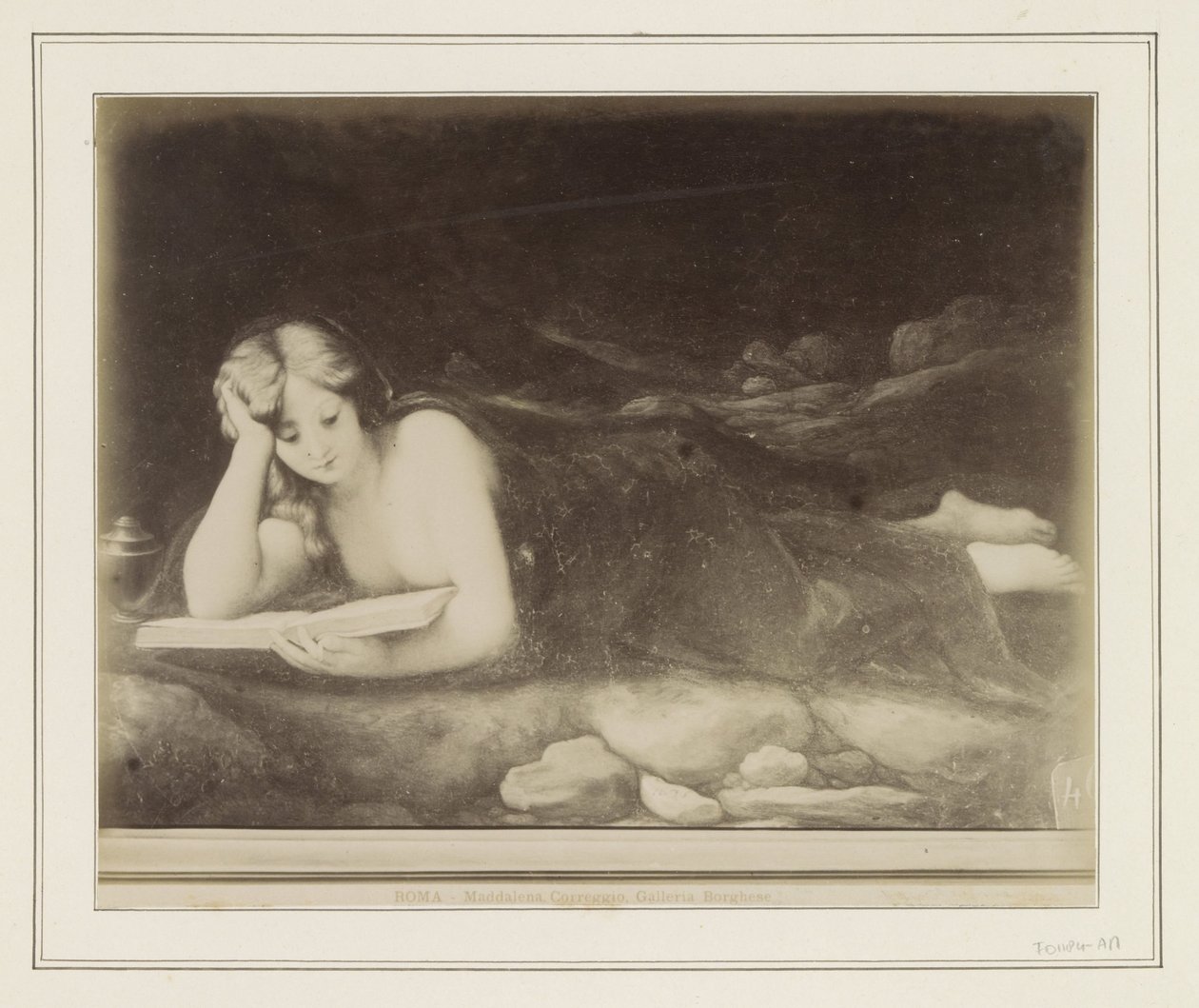 以安东尼奥-达-科雷焦（Antonio da Correggio）为原型的画作的照片复制，描绘了抹大拉的马利亚的忏悔场景
罗马 - 玛德莱娜-科雷焦，博尔盖塞美术馆（题名见实物） 作者 无名氏