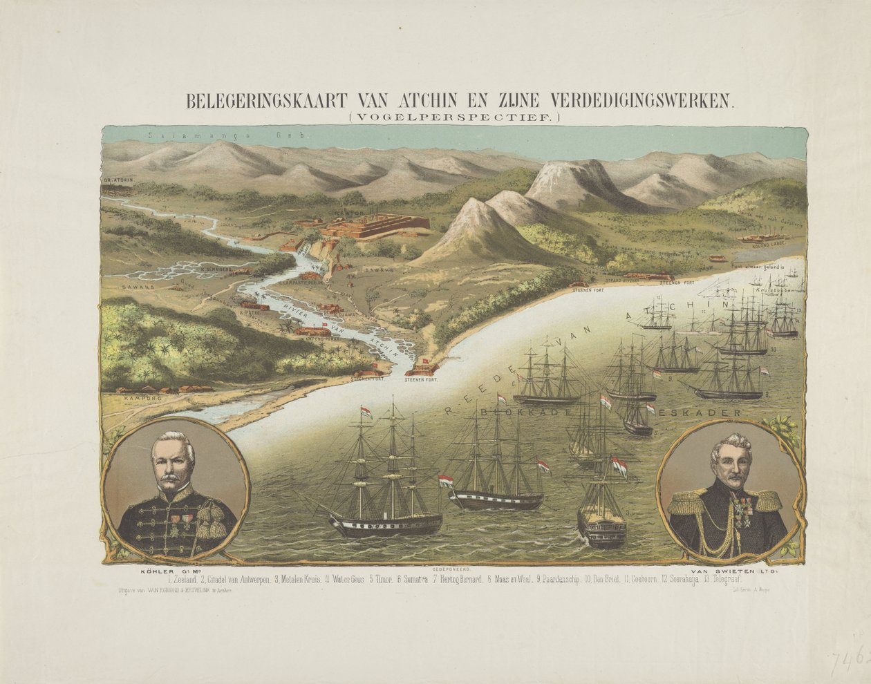 1873-1874 年第二次亚齐远征期间的亚齐景色
阿钦及其防御工事围困图。(鸟瞰图）（标题见实物） 作者 无名氏