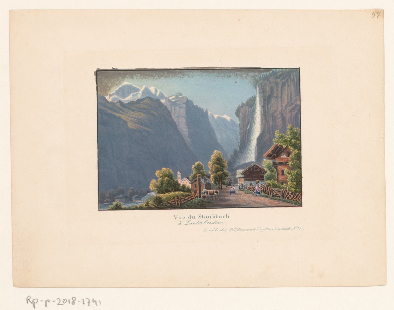 眺望施陶巴赫和施陶巴赫瀑布
Vue du Staubback à Lauterbrunen（标题见实物） 作者 无名氏