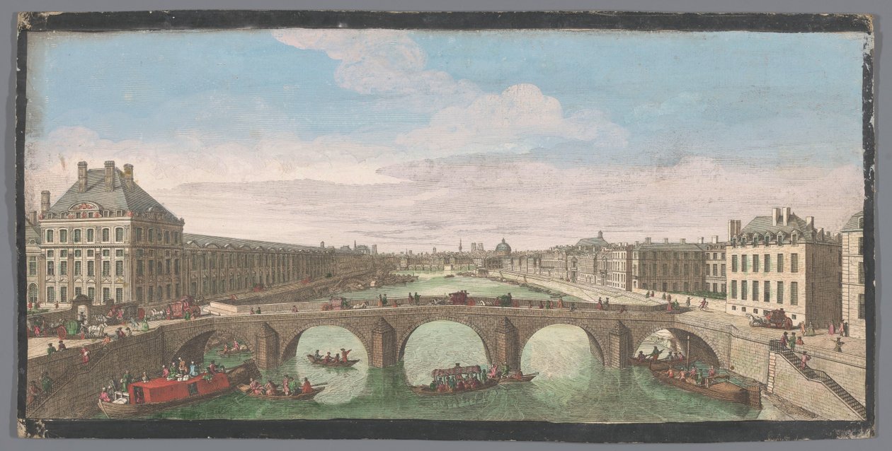 从巴黎新桥方向看巴黎塞纳河上的皇家桥 Vuë private de Paris, 皇家庞特奖与新桥 (Pont Neuf) 奖（物品上的标题） 作者 无名氏