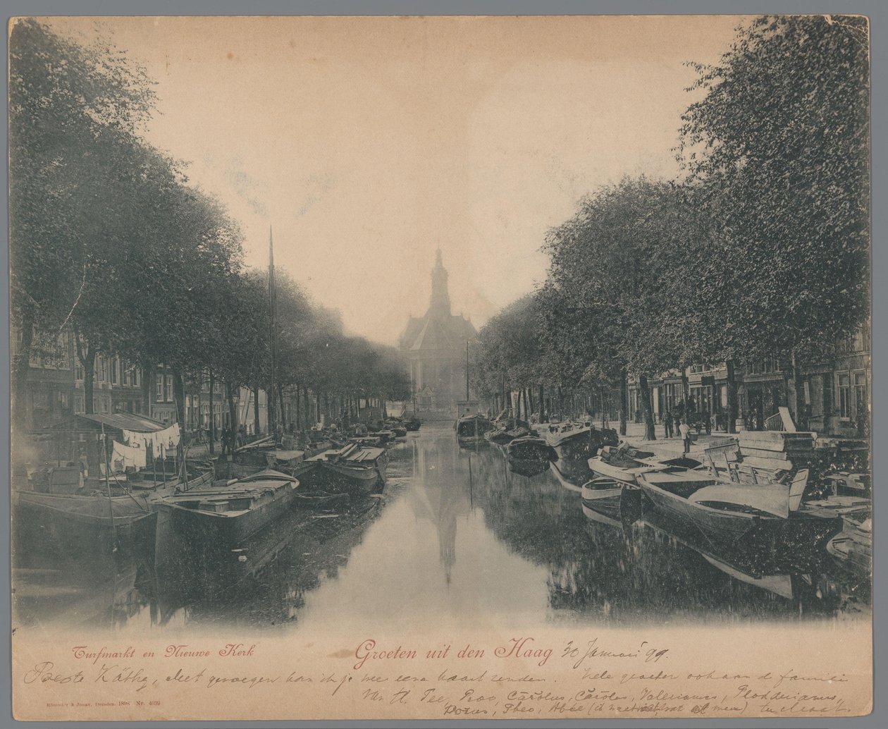 海牙草坪市场和新教堂的景观 来自海牙的问候； Turfmarkt 和 Nieuwe Kerk（物体上的标题） 作者 无名氏