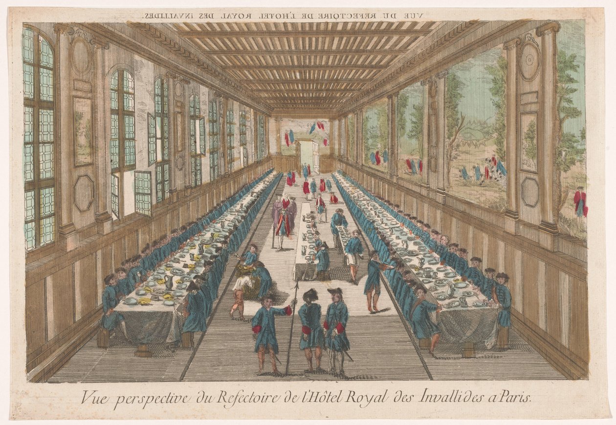 巴黎因瓦利德斯皇家酒店餐厅与正在用餐的客人的合影
Vue perspective du refectoire de l