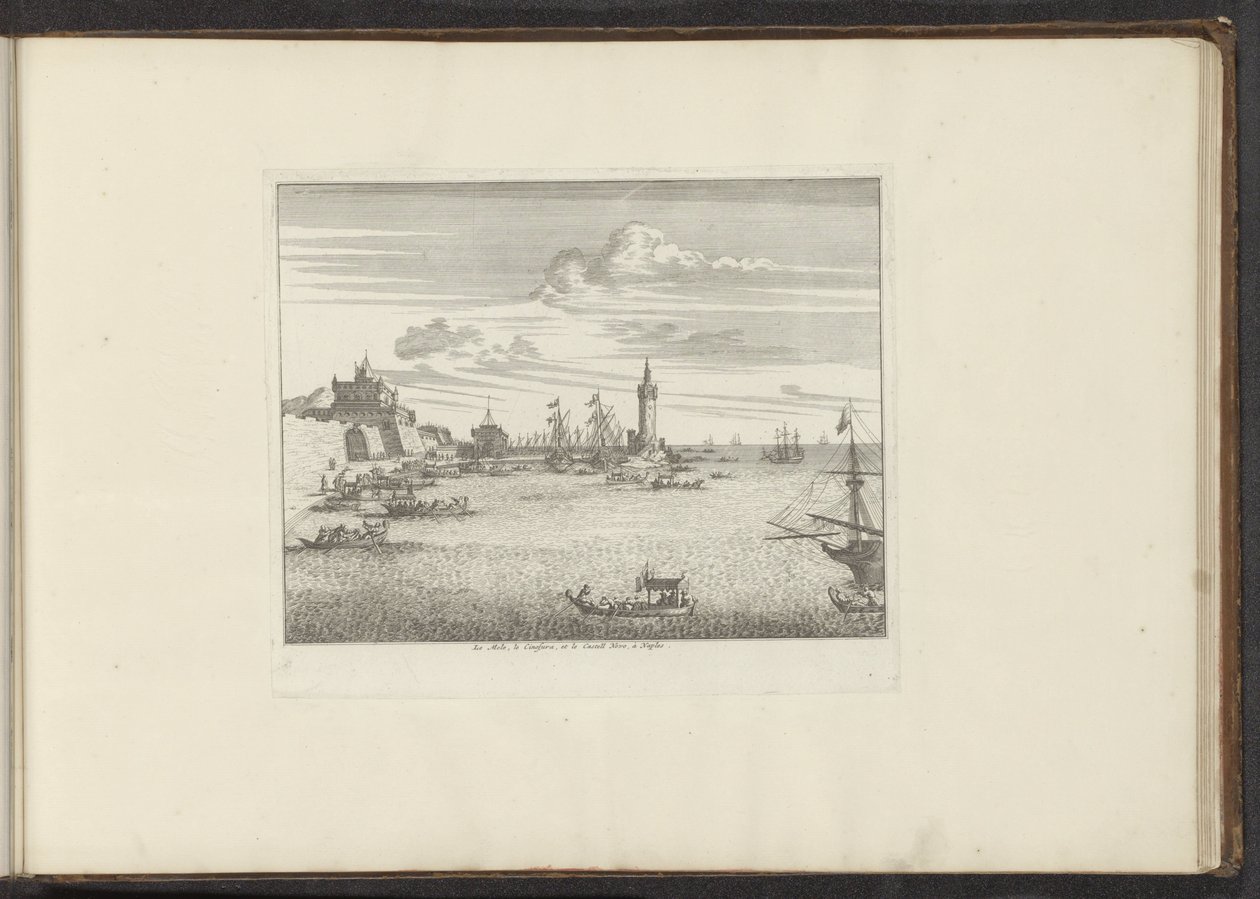 带有灯塔和宫殿的那不勒斯海港景观
Le Mole, le Cinosura, et le Castell Novo, à Naples（作品名称）
威尼斯、里窝那、那不勒斯和罗马的宫殿与古迹（系列标题） 作者 无名氏