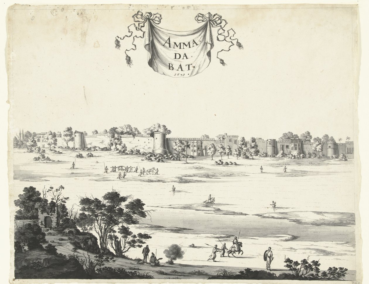 艾哈迈达巴德市的视图 Ammadabat（物体上的标题） 1678-1679 年印度风光（系列标题） 作者 无名氏