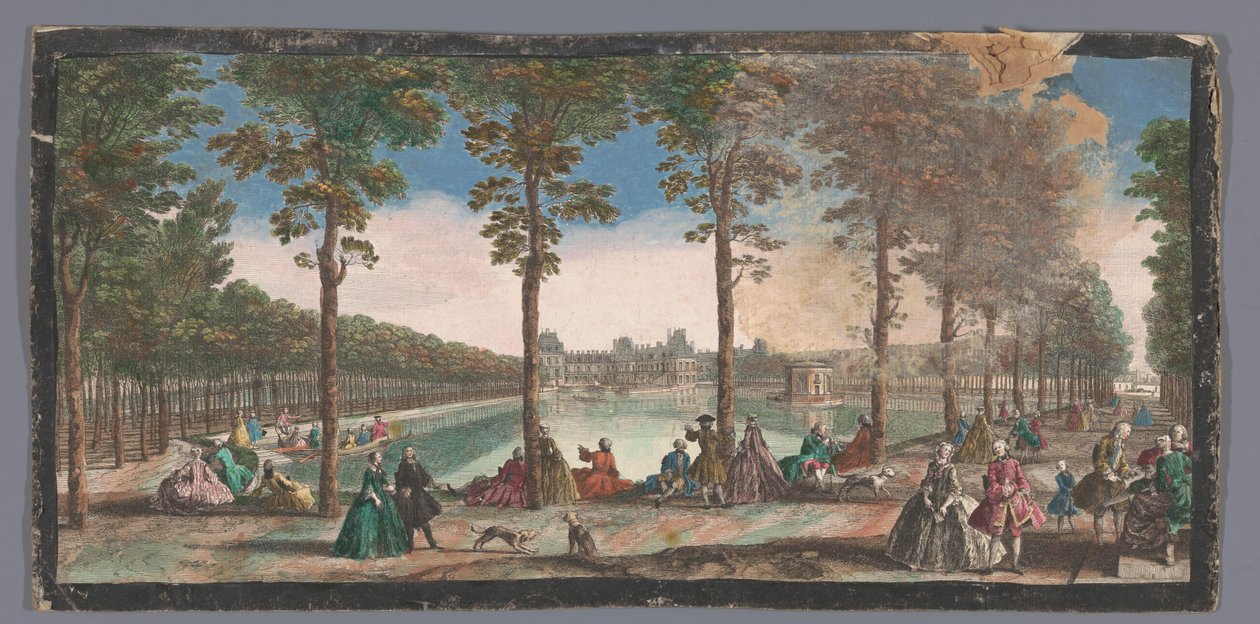 Gezicht op de vijver van de tuin van het Palais de Fontainebleau
枫丹白露湖景和远处的枫丹宫苑（标题见实物） 作者 无名氏