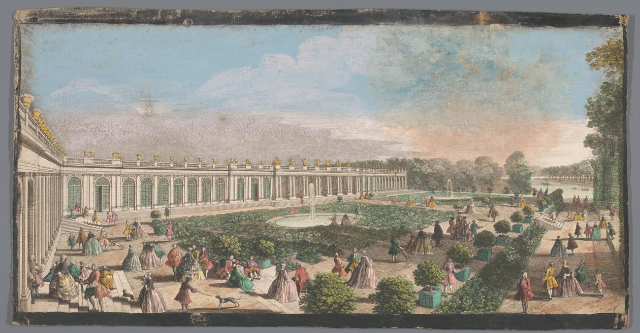 Gezicht op het Grand Trianon in de Tuin van Versailles（凡尔赛花坛中的大特里亚侬宫景色
从花圃俯瞰特里亚侬宫（标题见实物） 作者 无名氏