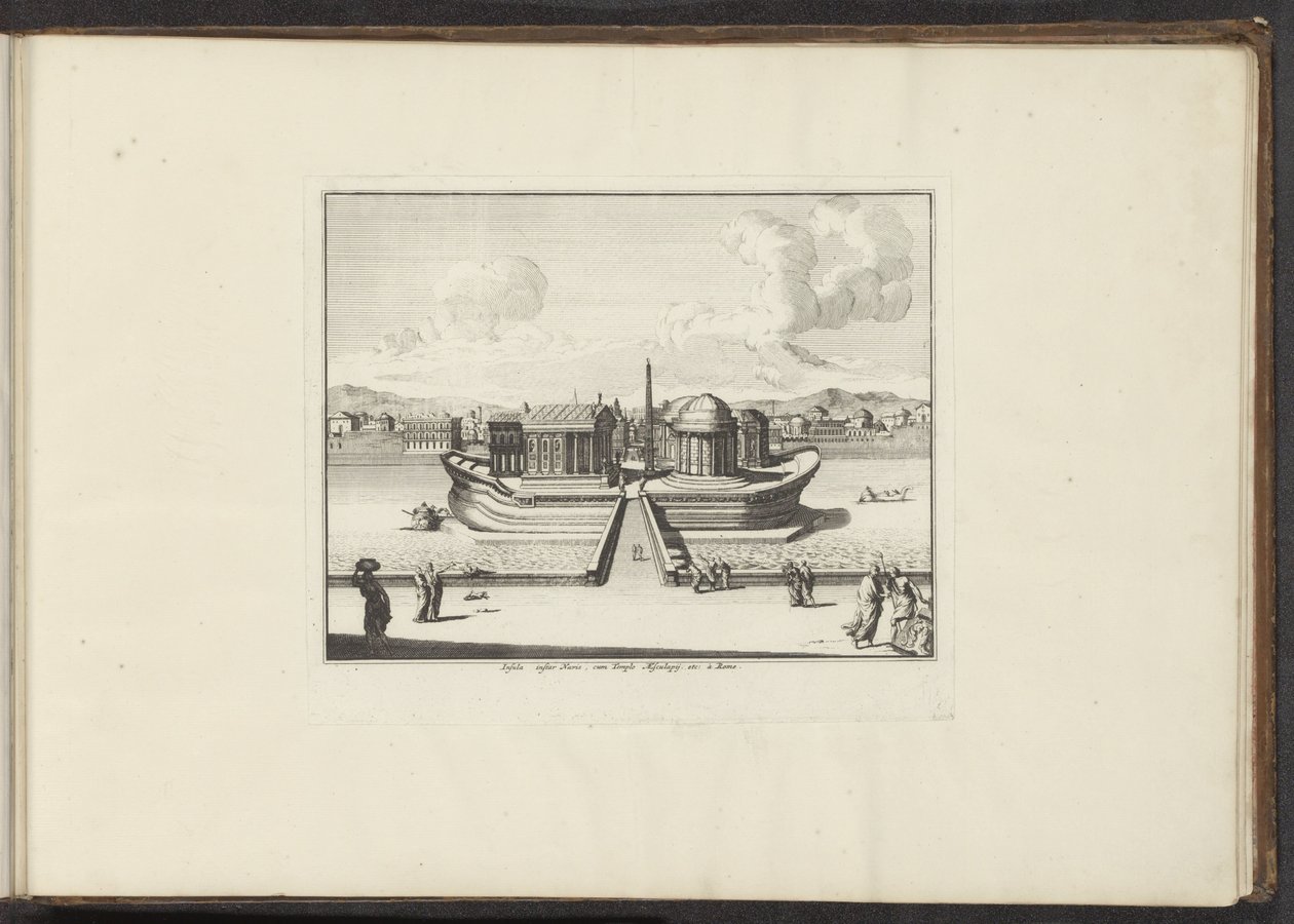 罗马台伯河岛景观
Insula instar Navis, cum Templo Aesculapij.
威尼斯、里窝那、那不勒斯和罗马的宫殿和古迹（系列标题） 作者 无名氏