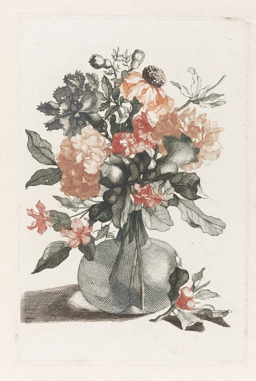 玻璃花瓶中插着鲜花，花瓶前是插着鲜花的树枝 作者 无名氏
