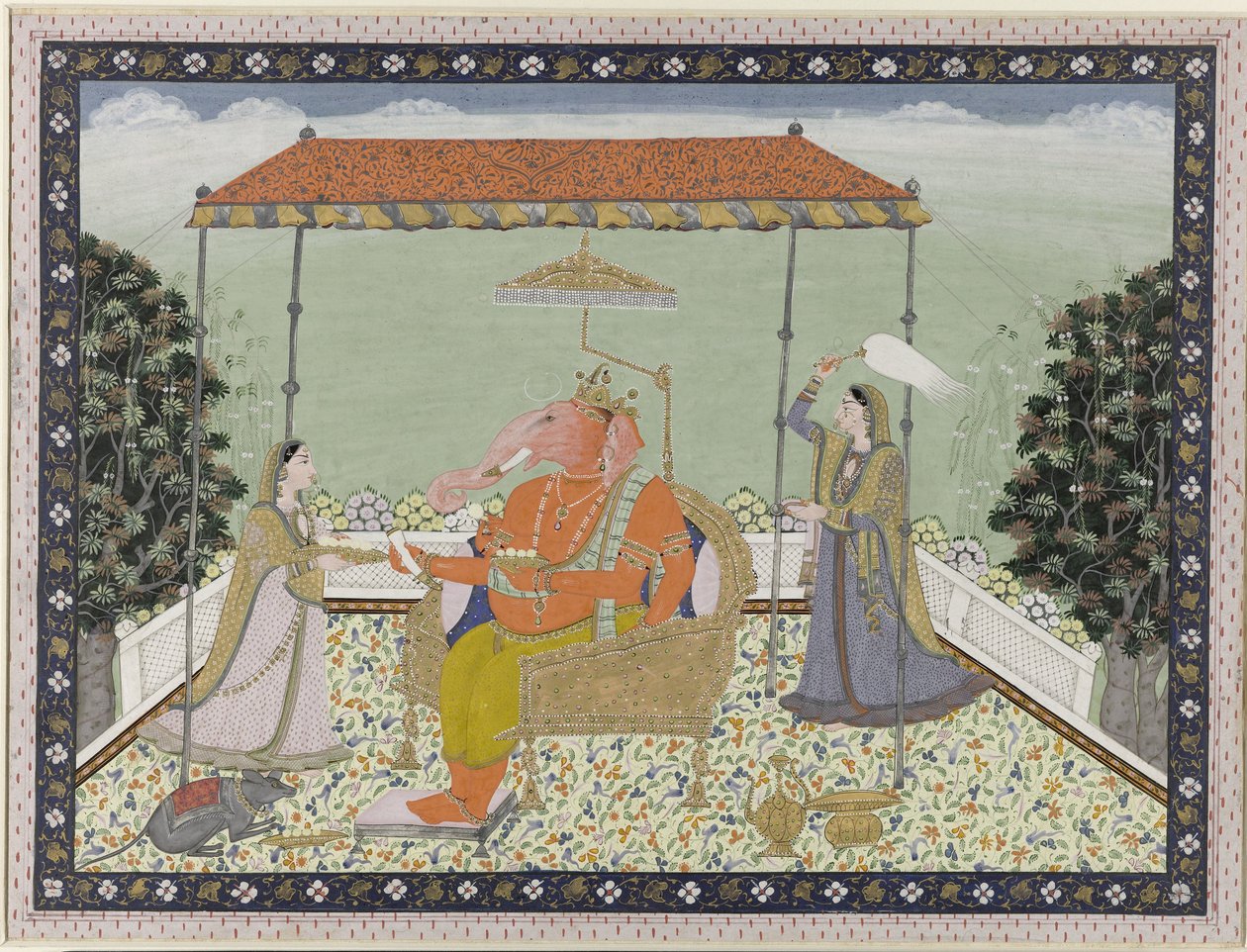 象鼻神甘尼萨 (Ganapati) 和他的两个女仆 Siddhi 和 Buddhi 坐在横梁下 作者 无名氏
