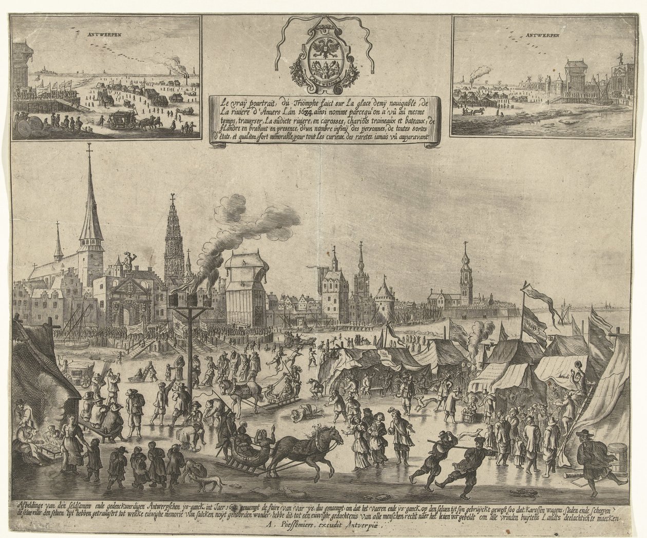 1684 年安特卫普冰封的斯海尔德河上的冰上娱乐活动
Le vray poutraict, du Triomphe faict sur la glace demy navigable, de la riviere d