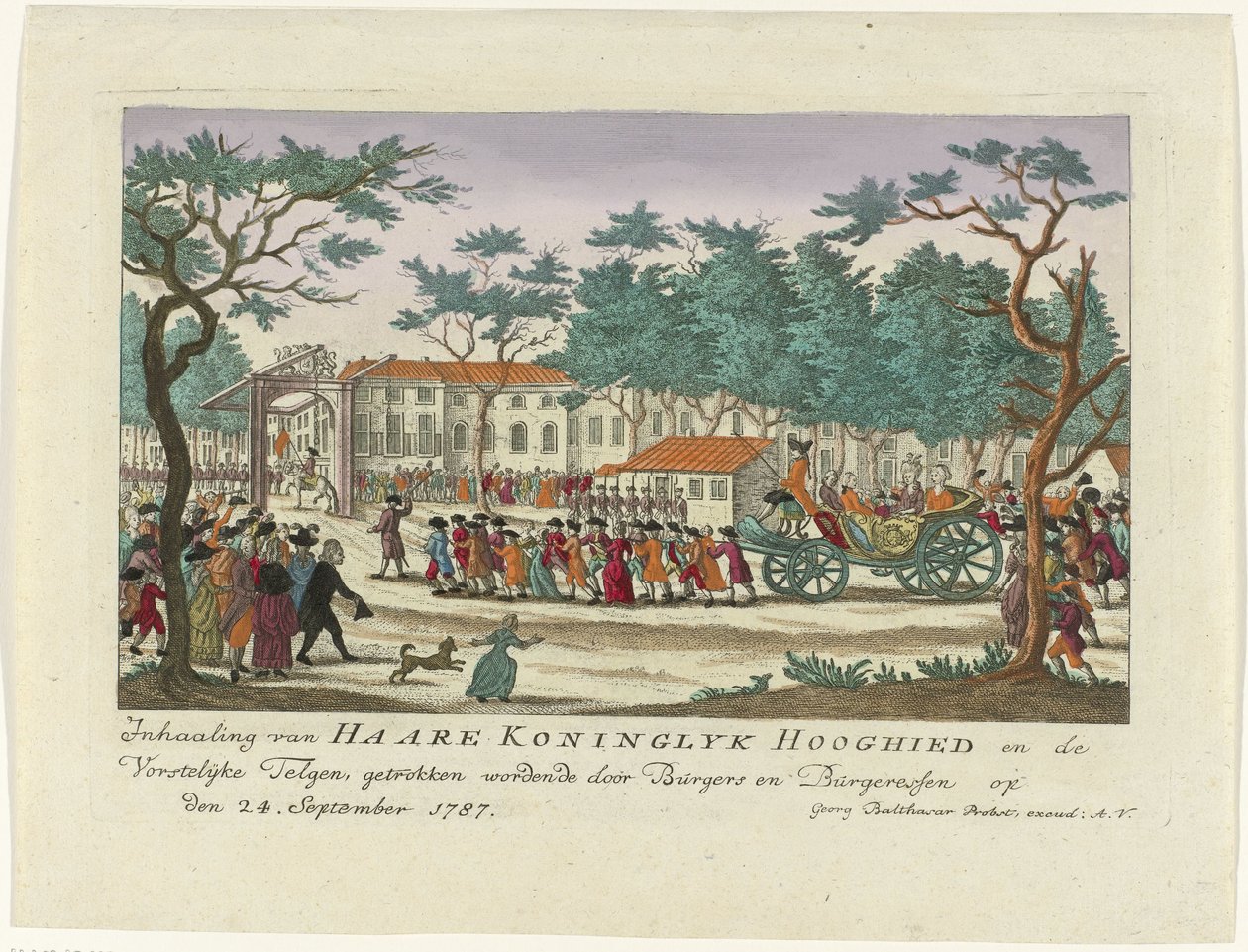 奥兰治公主和孩子们的藏品，1787 年
Inhaaling van Haare Koninglyk Hooghied en de Vorstelijke Telgen, getrokkende door Burgers en Burgeressen op den 24.1787 年 9 月 24 日
有关事件的德国彩色印刷品 作者 无名氏