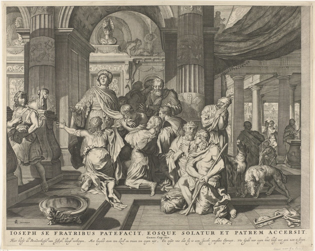 约瑟向他的兄弟们表明自己的身份
Ioseph se fratribus patefacit, eosque solatur et patrem accersit（物上标题）
皇家圣经》（系列名称） 作者 无名氏