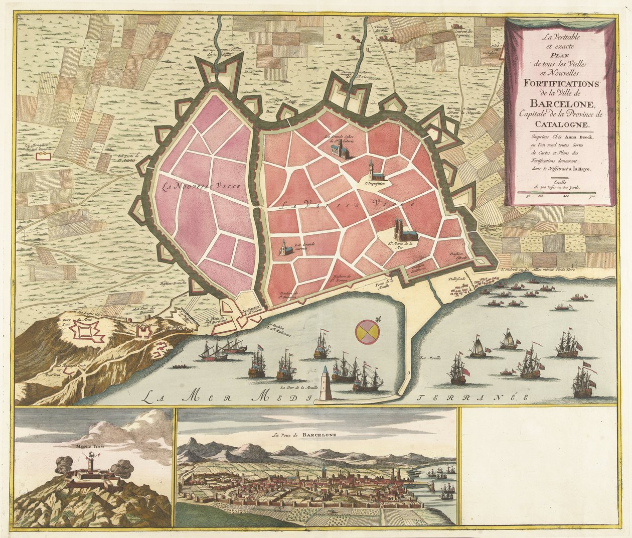 巴塞罗那地图，约 1706 年
La Veritable et exacte Plan de tous les Vielles et Nouvelles Fortifications de la Ville de Barcelone, Capitale de la Province de Catalogne（标题见实物） 作者 无名氏