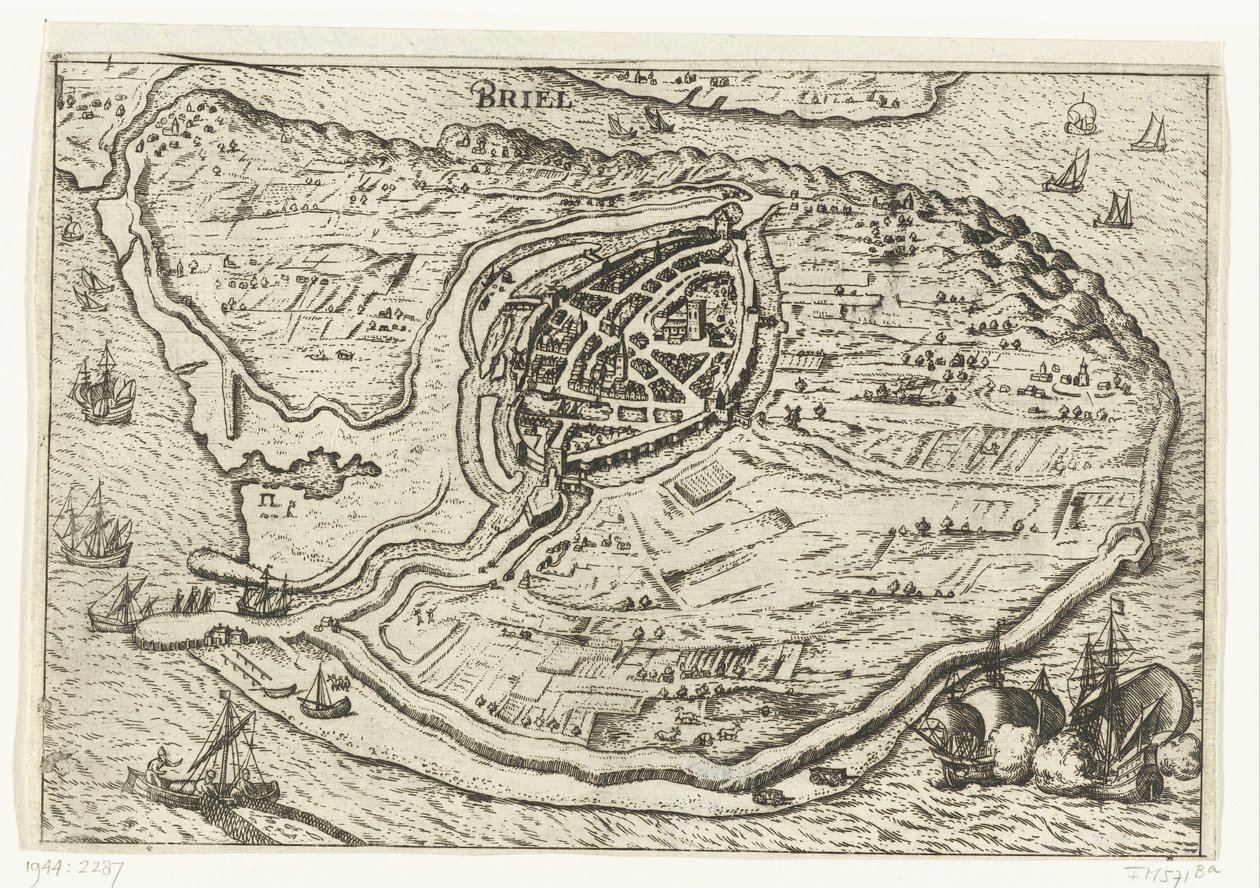 沃恩岛地图和布里勒平面图，1572 年 Briel（物体上的标题） 作者 无名氏