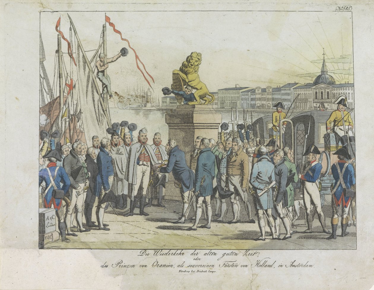 Komst van de Souverein Vorst te Amsterdam，1813 年。
奥伦治亲王作为荷兰的君主，在阿姆斯特丹重现昔日的美好时光（......）（标题见实物） 作者 无名氏