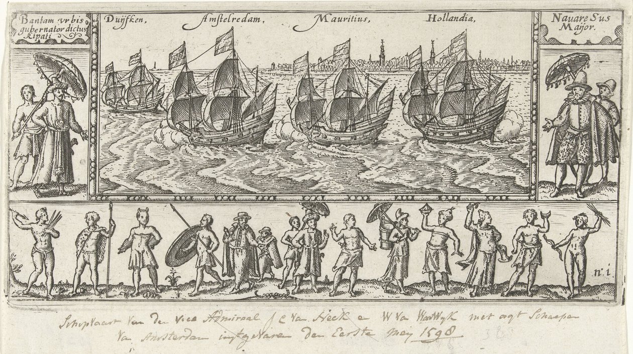 1598 年，根据 Houtman 的《Journael vande reyse der Hollandtsche schepen ghedaen in Oost Indien》原标题印刷的副本 作者 无名氏