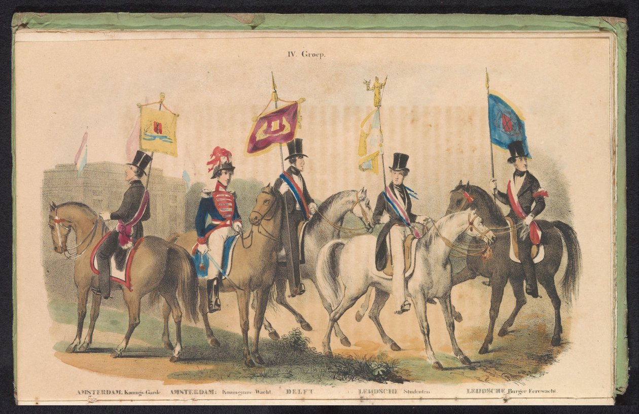 阿姆斯特丹、代尔夫特和莱顿仪仗队的服装和旗帜，1840-1842 年
IV.组（标题在实物上） 作者 无名氏