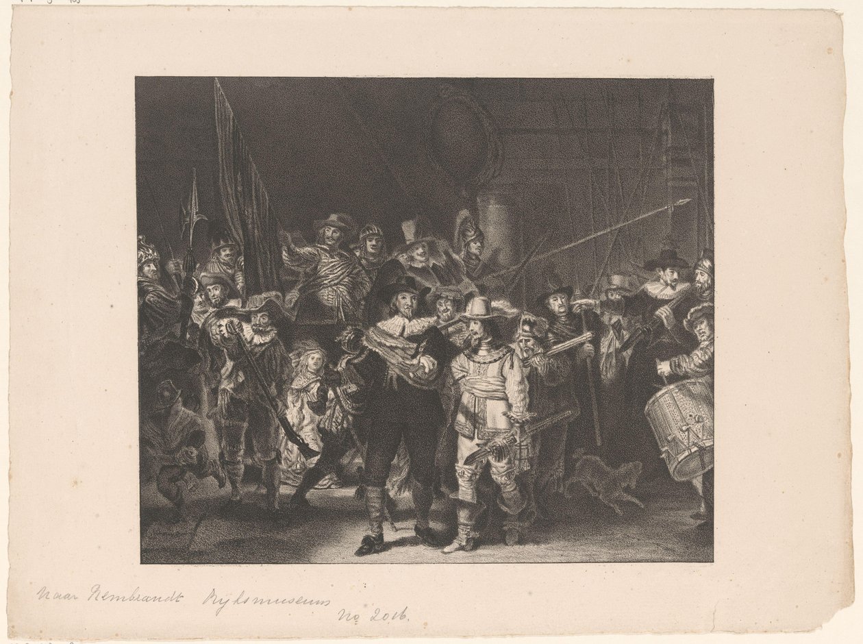 由 Frans Banninck Cocq 上尉和 Willem van Ruytenburch 上尉领导的阿姆斯特丹第二区的军官和其他炮手，被称为 "守夜人"。 作者 无名氏