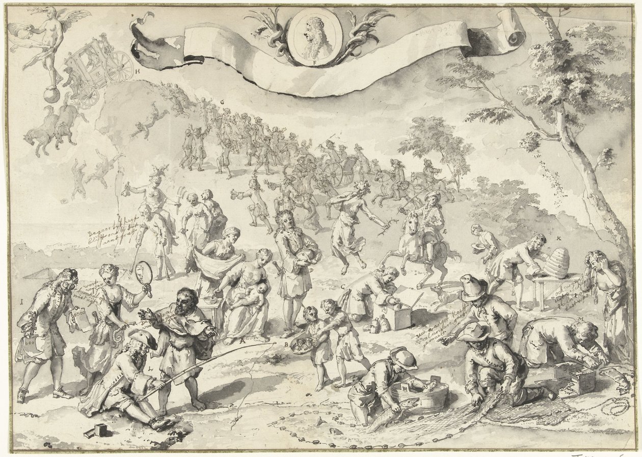 版画《贪婪试图超越福尔图娜》的设计图，1720 年
愚蠢的大场面》（系列标题） 作者 无名氏