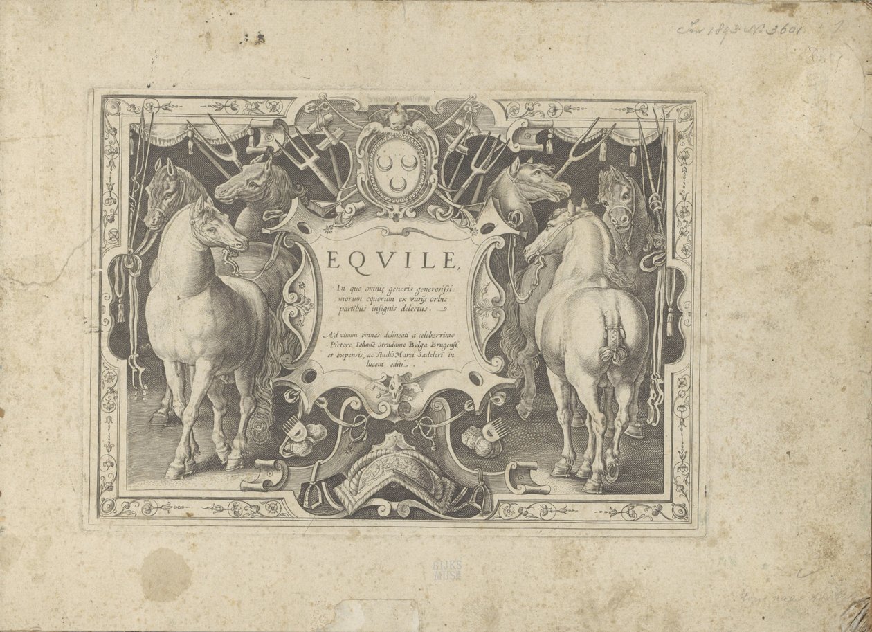 标题装饰图案，两侧有马
Equile, in quo omnis generis generosissi: morum equorum ex varijs orbis partibus insignis delectus（......）（物体上的系列标题） 作者 无名氏