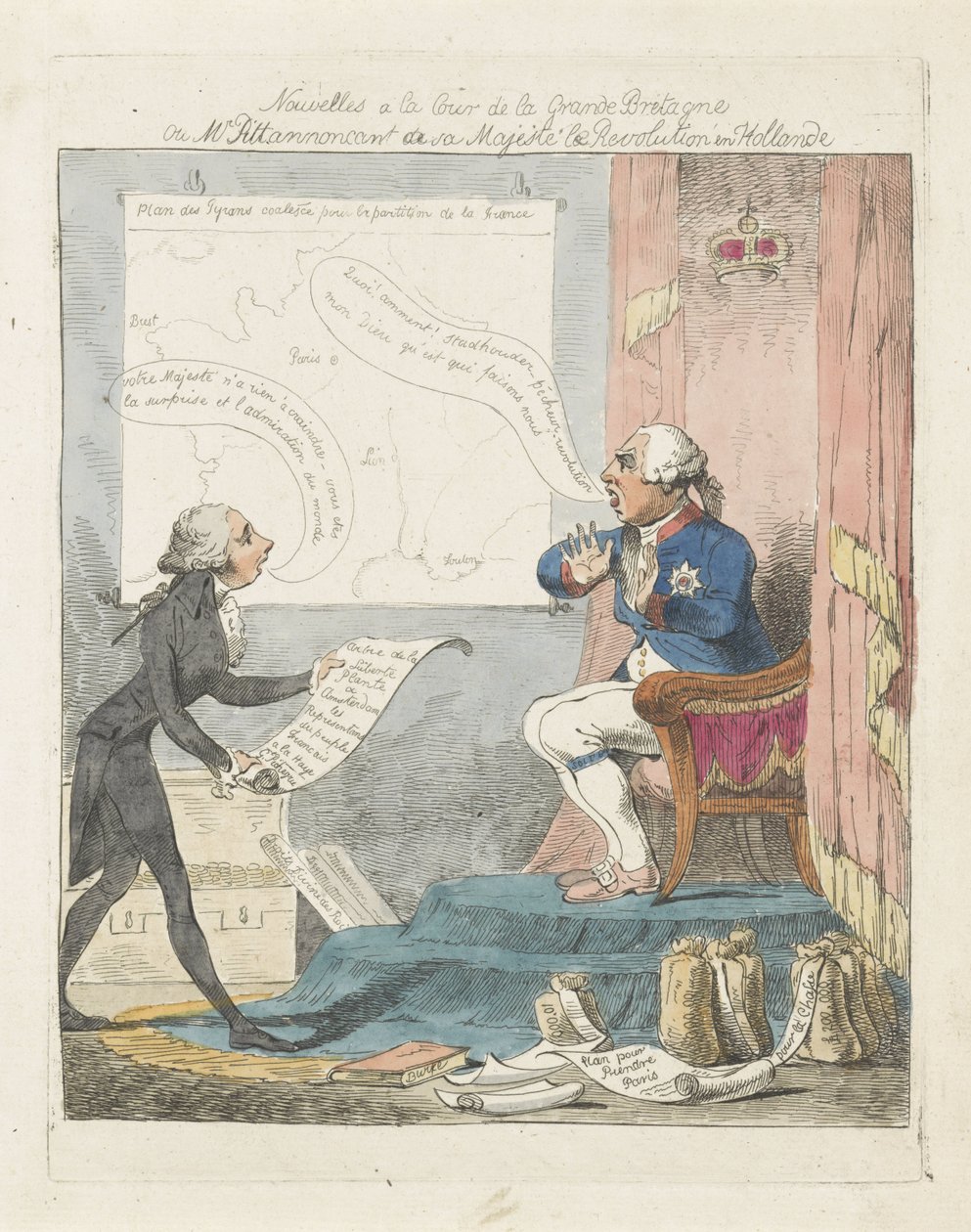 Pitt brengt George III het nieuws over de revolutie in Nederland, 1795
Nouvelles a la Cour de la Grande Bretagne ou Mr. Pitt annoncant de sa Majesté la Revolution en Hollande（标题见实物） 作者 无名氏