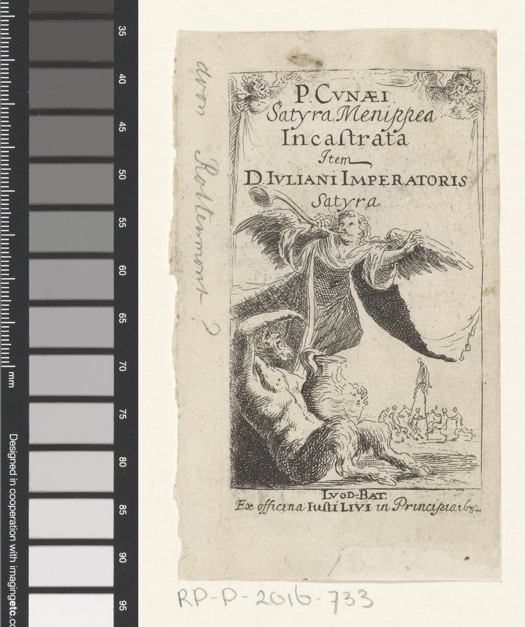 萨提尔和吹号的天使
扉页：Petrus Cunaeus，《Satyra Menippea Incastrata》，1632 年 作者 无名氏