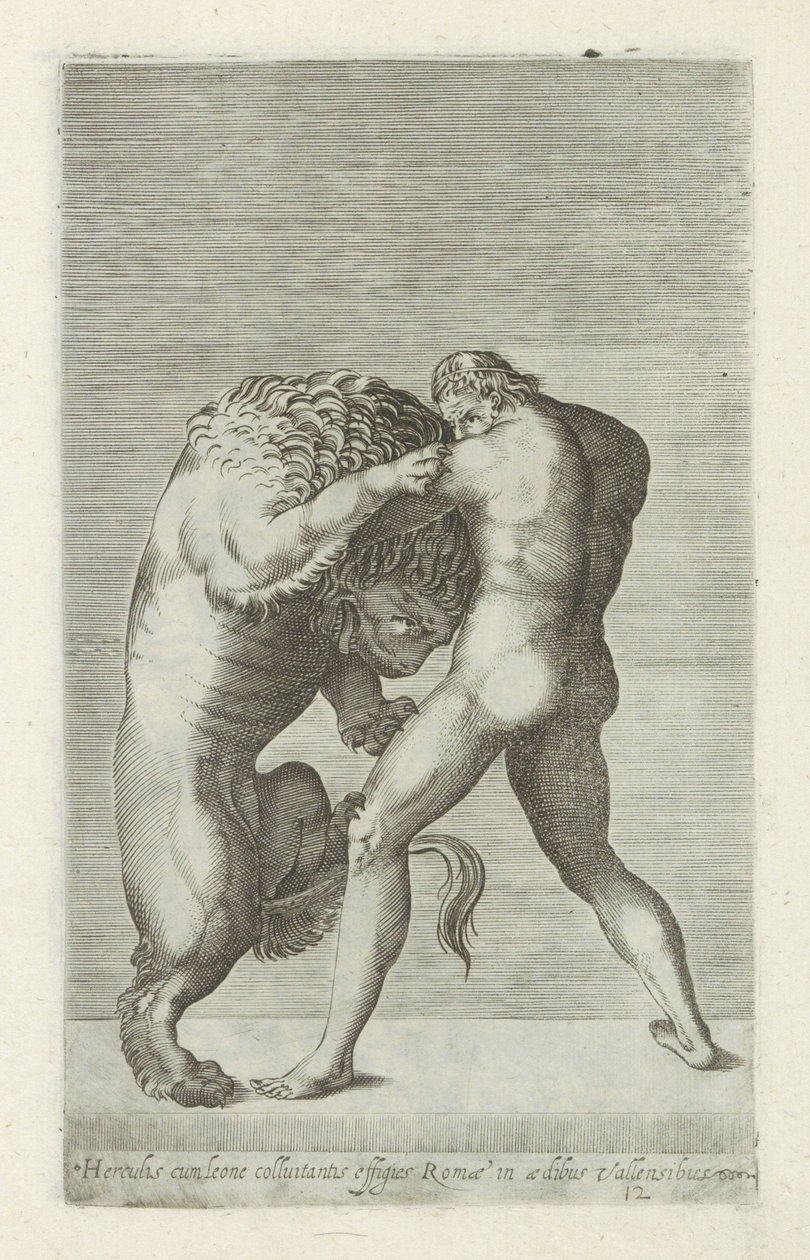 赫拉克勒斯与尼米亚狮子搏斗的雕塑
Herculis cum leone colluitantis effigies Romae in aedibus Vallensibus（物体上的标题）
罗马的古代雕塑（系列名称）
在公共场所可见的罗马城市古代雕像 i 作者 无名氏