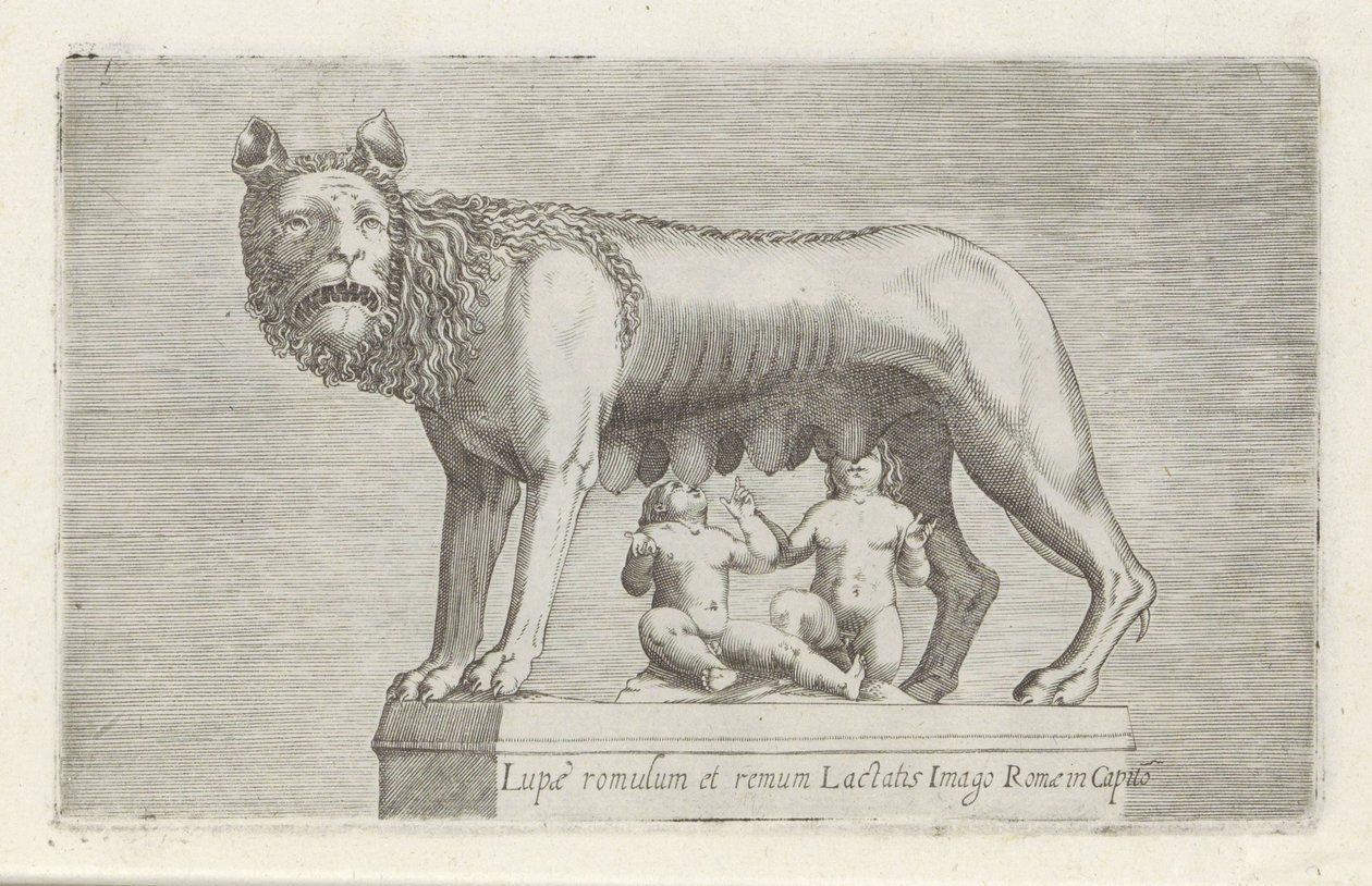 Lupa Capitolina 吸吮双胞胎罗穆卢斯和雷莫斯的雕塑
Lupae Romulum et Remum lactatis imago Romae in Capito（物体上的标题）
罗马的古代雕塑（系列名称）
在公共场所可见的罗马古城雕像（系列标题 作者 无名氏