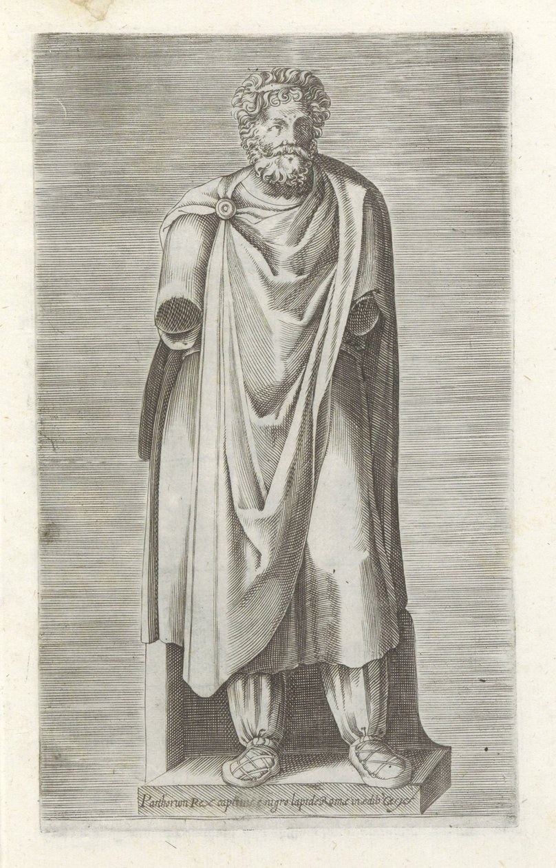 国王雕像
Parthorium rex captivis e nigro lapide Romae in aedib Cesys（物品上的标题）
罗马的古代雕塑（系列名称）
Antiquarum statuarum urbis Romae quae in publicis locis visuntur icones（系列标题） 作者 无名氏