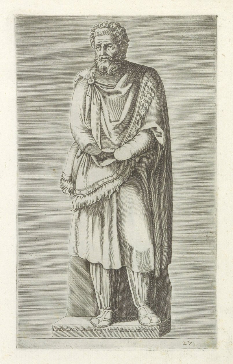 国王雕像
Parthoru rex captivis e nigro lapide Romae in aedib Cesys（物品上的标题）
罗马的古代雕塑（系列名称）
Antiquarum statuarum urbis Romae quae in publicis locis visuntur icones（系列标题） 作者 无名氏