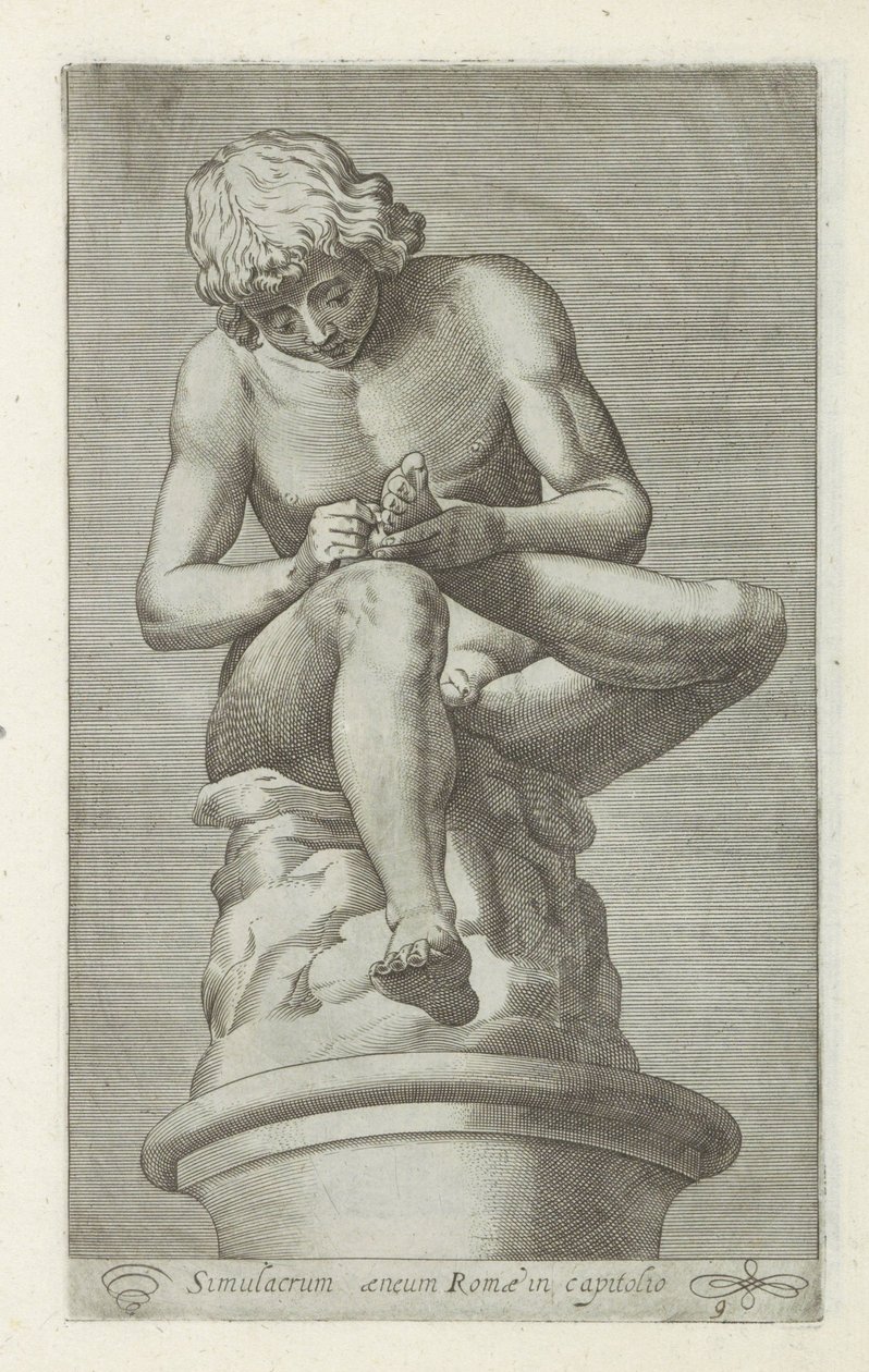 脚上有刺的男孩雕塑
斯皮纳里奥
Simulacrum aeneum Romae in capitolo（物品上的标题）
罗马的古代雕塑（系列名称）
Antiquarum statuarum urbis Romae quae in publicis locis visuntur icones（系列名称） 作者 无名氏