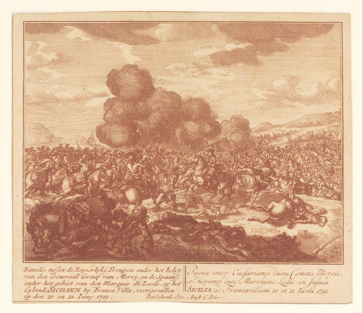 帝国军队与西班牙人在西西里岛的战斗，1719 年 6 月
Bataille tussen de Keyserlijke Troupen onder het belyt van den Generaal Graaf van Mercy, en de Spaanse onder het gebiet van den Marquis de Leede（......）（标题见实物） 作者 无名氏