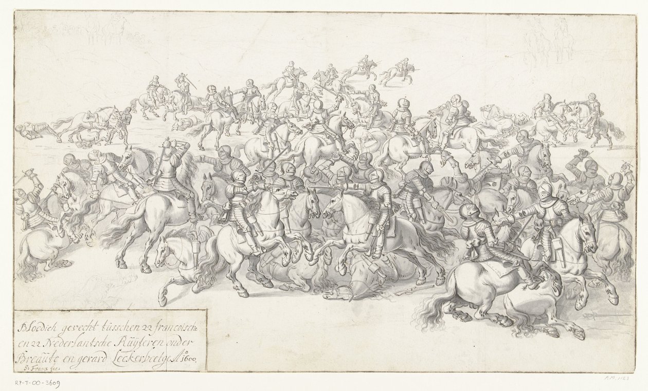 莱克贝特战役，1600 年
Bloedich gevecht tusschen 22 francoische en 22 Nederlantsche Ruyteren onder Breaut en gerard Leckerbeetge Ao. 1600（标题见实物） 作者 无名氏