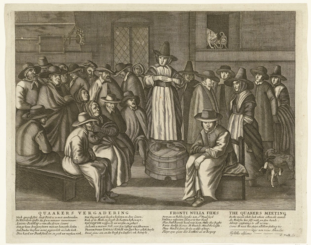 关于英国贵格会的漫画，约 1656 年
贵格会会议 / Fronti Nulla Fides / 贵格会会议（物品上的标题） 作者 无名氏