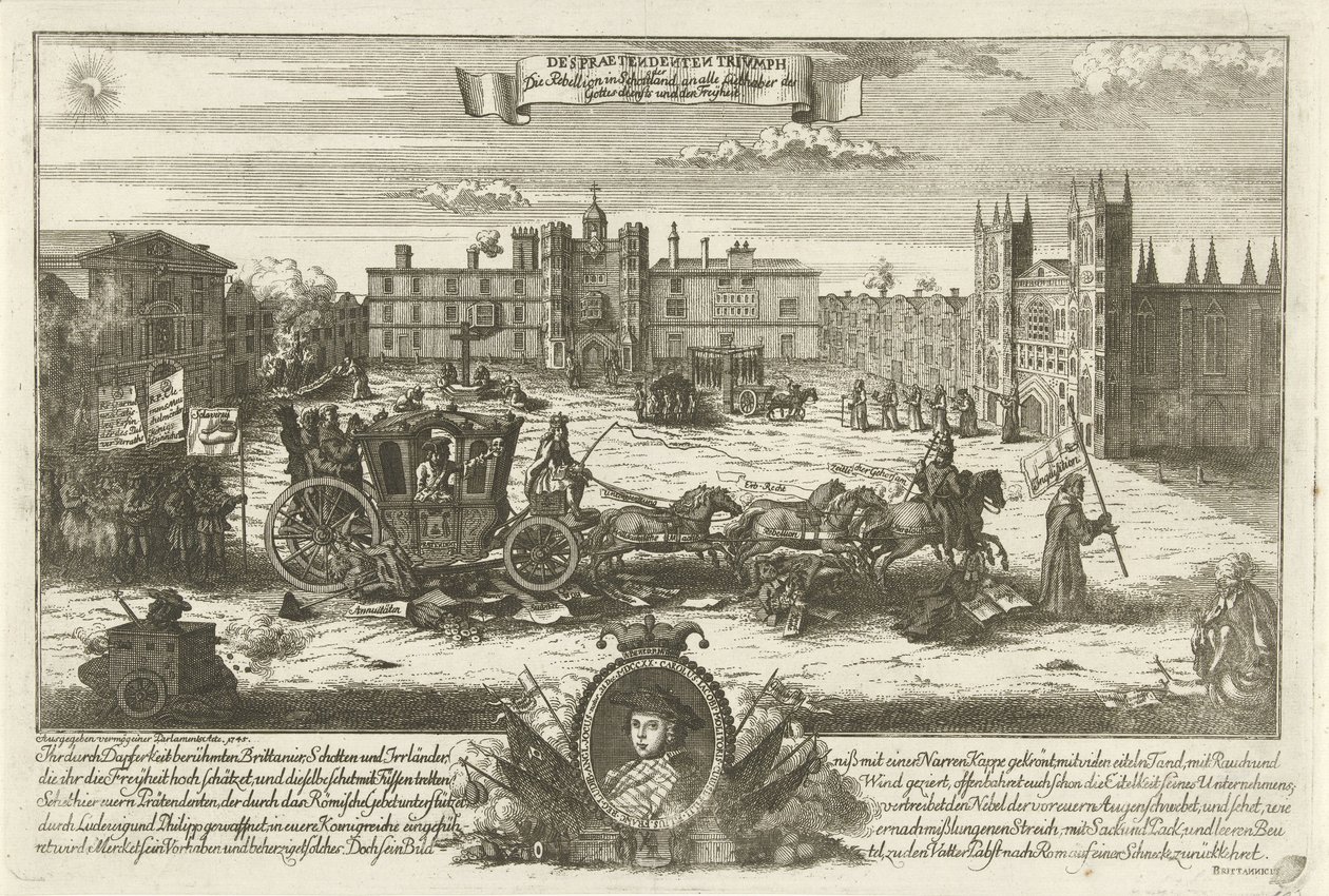 英国伪装者查尔斯-爱德华-斯图亚特的作品，1745 年
Despraetendenten Trivmph / 《苏格兰的叛乱》，致所有热爱崇拜和自由的人（标题标在实物上） 作者 无名氏
