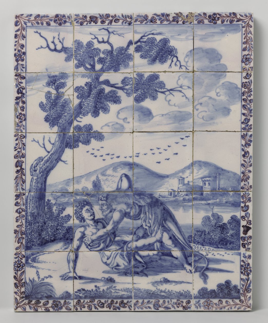 瓦片拼成的蓝色风景图案，带有神话色彩：赫拉克勒斯和阿谢洛斯 作者 无名氏