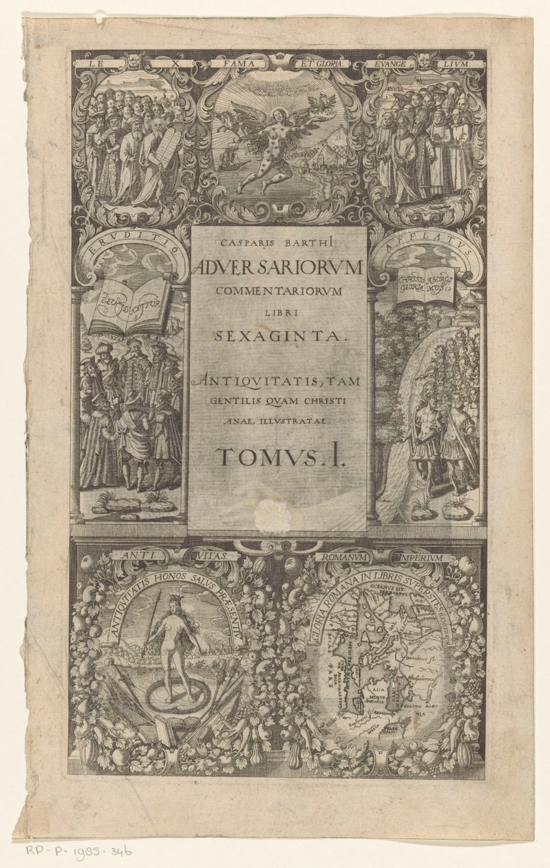 标题周围有七个小标题
Adversariorum commentariorum, libri sexaginta, Tomus I（书名在实物上）
扉页为卡斯帕尔-冯-巴特，Adversariorum commentariorum libri LX，1624 年 作者 无名氏