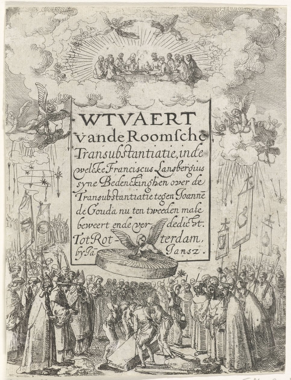 小册子《Wtvaert vande Roomsche Transubstantiatie》的标题印刷品，1612 年
Wtvaert vande Roomsche Transubstantiatie, in de welcke Franciscus Lansbergius syne Bedenckinghen over de Transubstantiatie tegen Joannes de Gouda nu tweeden male beweert ende v 作者 无名氏