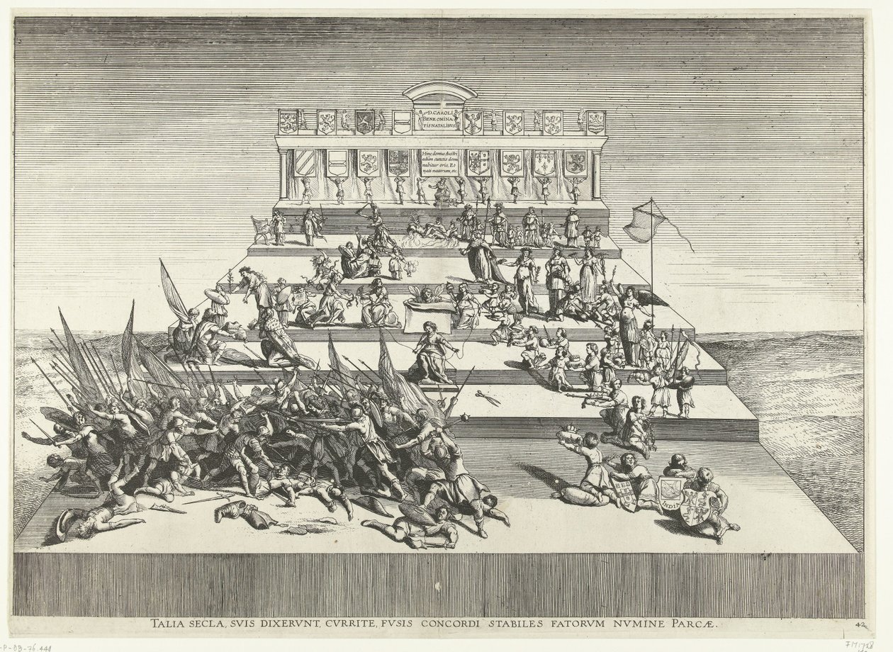 关于战争与和平的戏剧；1635 年斐迪南进入根特（第 42 号）
Talia secla, suis dixerunt, currite, fusis concordi stabiles fatorum numine parcae（标题见实物）
卡洛里五世基尼特利亚康剧院 作者 无名氏