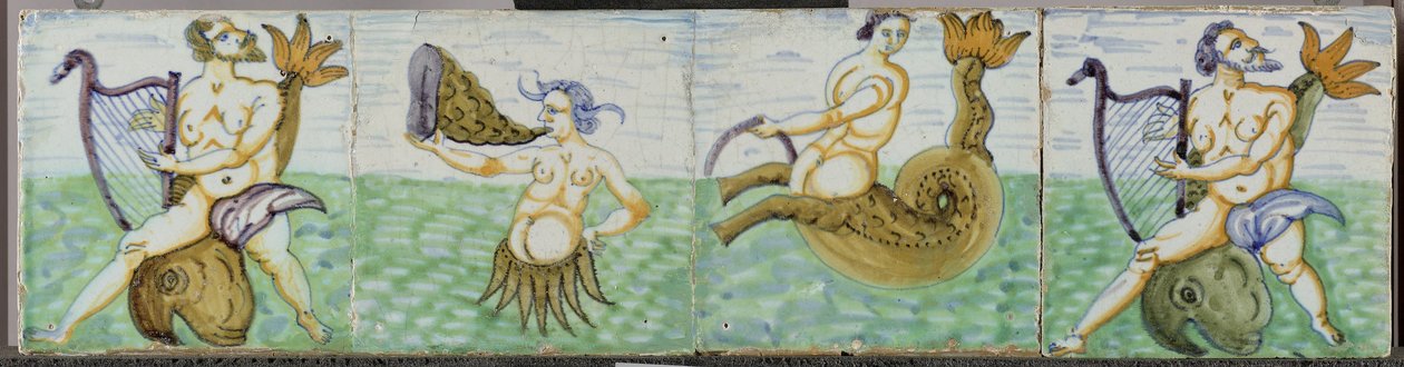四块印有海洋生物的瓷砖 作者 无名氏